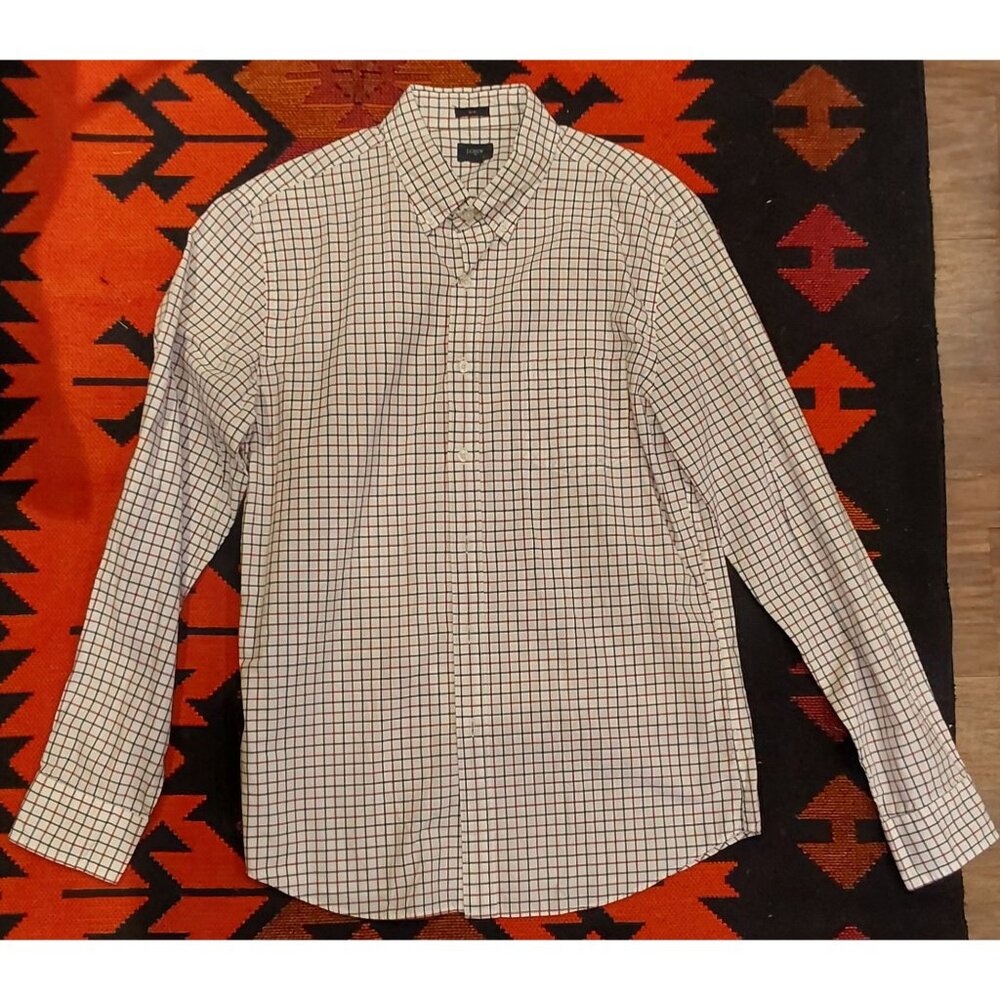 J Crew Men's Slim Cotton Buttondown Red, Bue, White Box Design. Size Large